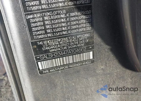 2007 Land Rover Range Rover Sport Supercharged из США, поврежденный, VIN SALSH23447A104662